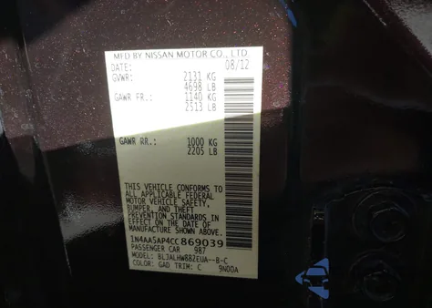 2012 Nissan Maxima 3.5 Sv from USA, damaged, VIN 1N4AA5AP4CC869039